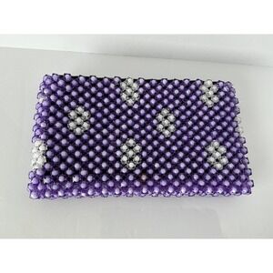 Vintage Style Purple Beaded Clutch Bag Floral Pattern Zip Pouch